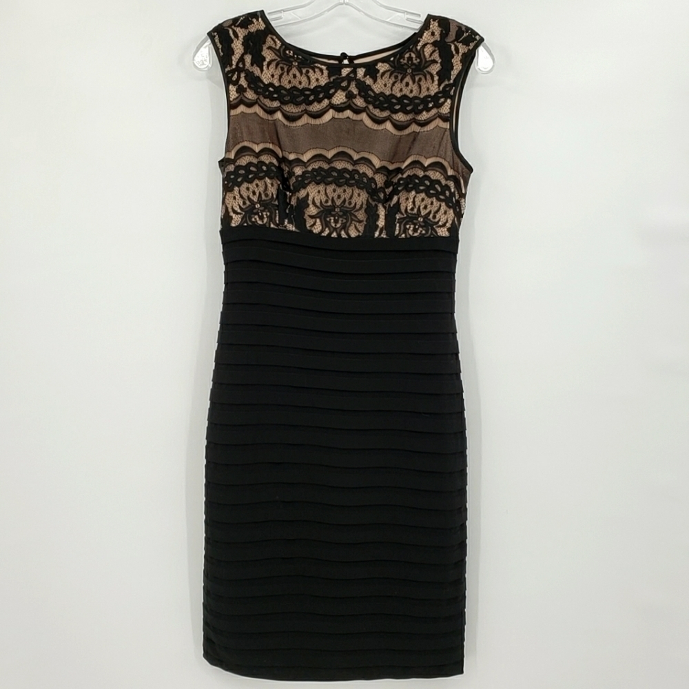 Adrianna Papell Black Tan Lace Top Fitted  Dress